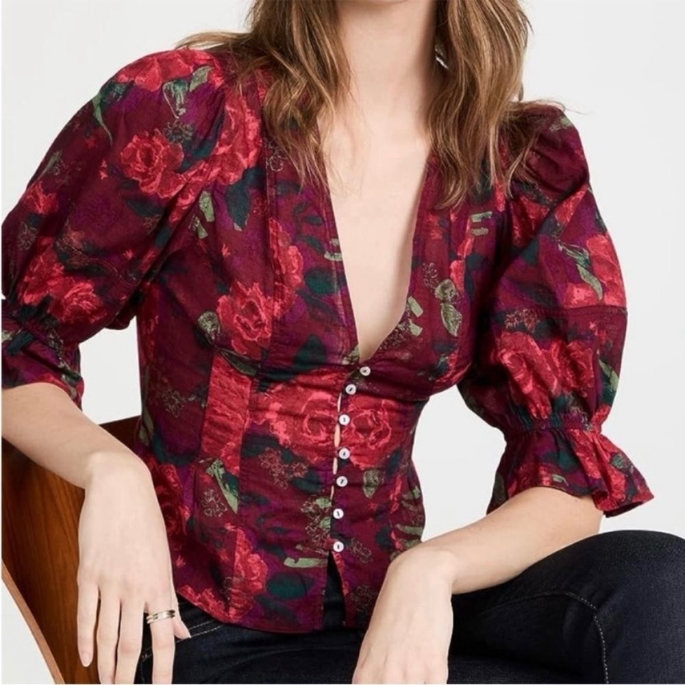 Free People Found You dark red floral puff sleeve button front top 100% cotton.